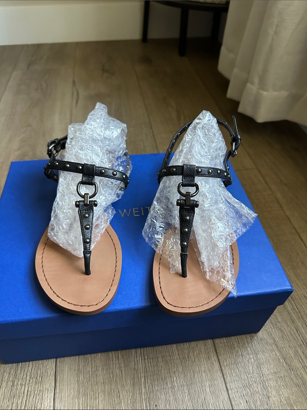 Coach Black Stud-Embellished T-Strap Sandals with Tan Footbed